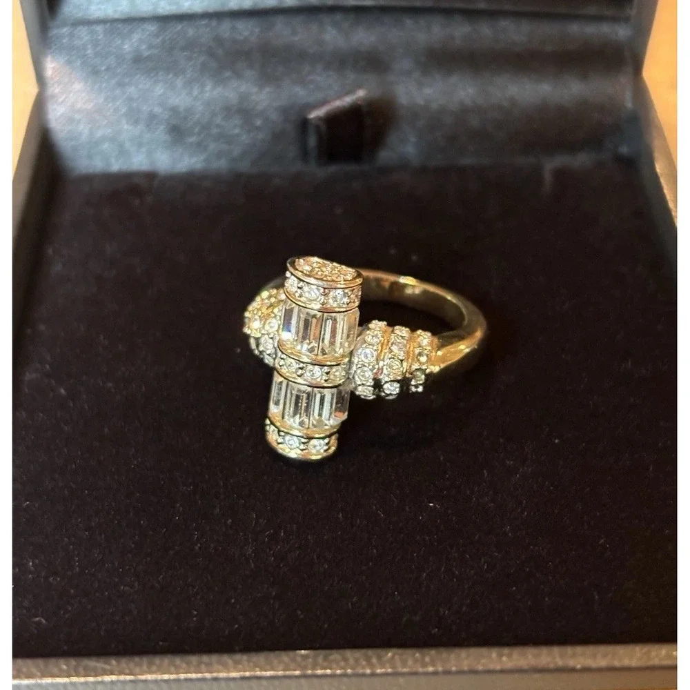 Stunning & Unique Baguette & Round Encrusted Gold Plated Ring Size 5.75 Stamped